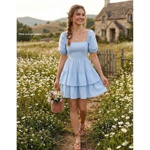 Altar'd State Light Blue Puff Sleeve Lace Up Back Tiered Mini Dress M Coquette
